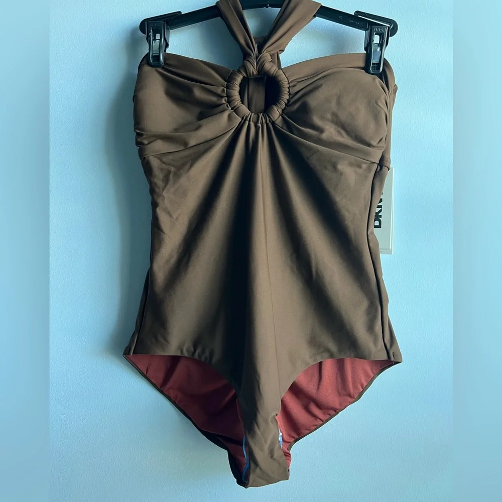 DKNY Women’s Brown One-Piece Halterneck Swimsuit - Picture 3 of 11